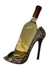 Stiletto Shoe Wine Bottle Holder Gold Black Leopard Look Embellishment 8" High image 2