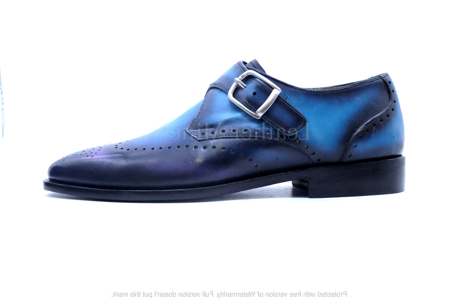 Blue Patina Monk Strap Dress Shoes For Men, Genuine Leather Custom Shoes