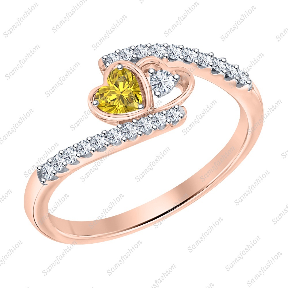 Heart Yellow Sapphire & Dia 14k Rose Gold Over 925 Double Heart Engagement Ring