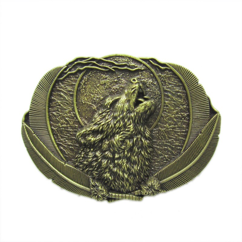 New Vintage Bronze Plated Western Moon Wolf Oval Belt Buckle