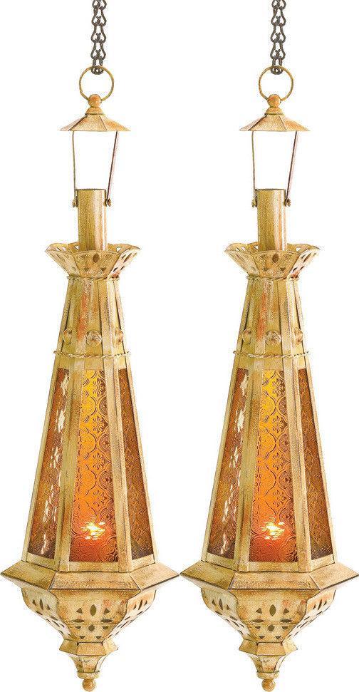 Set of 2 Moroccan Amber Spire Candle Lanterns