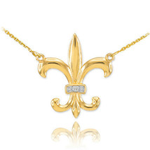 14k Solid Gold Diamond French Fleur de Lis Stylized lily Flower Necklace  - $273.12+