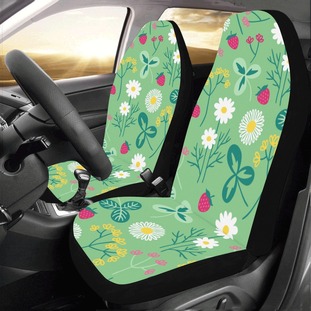 Cartoon Floral Green Leaf Universal Fit Auto Drive Car Seat Covers ...