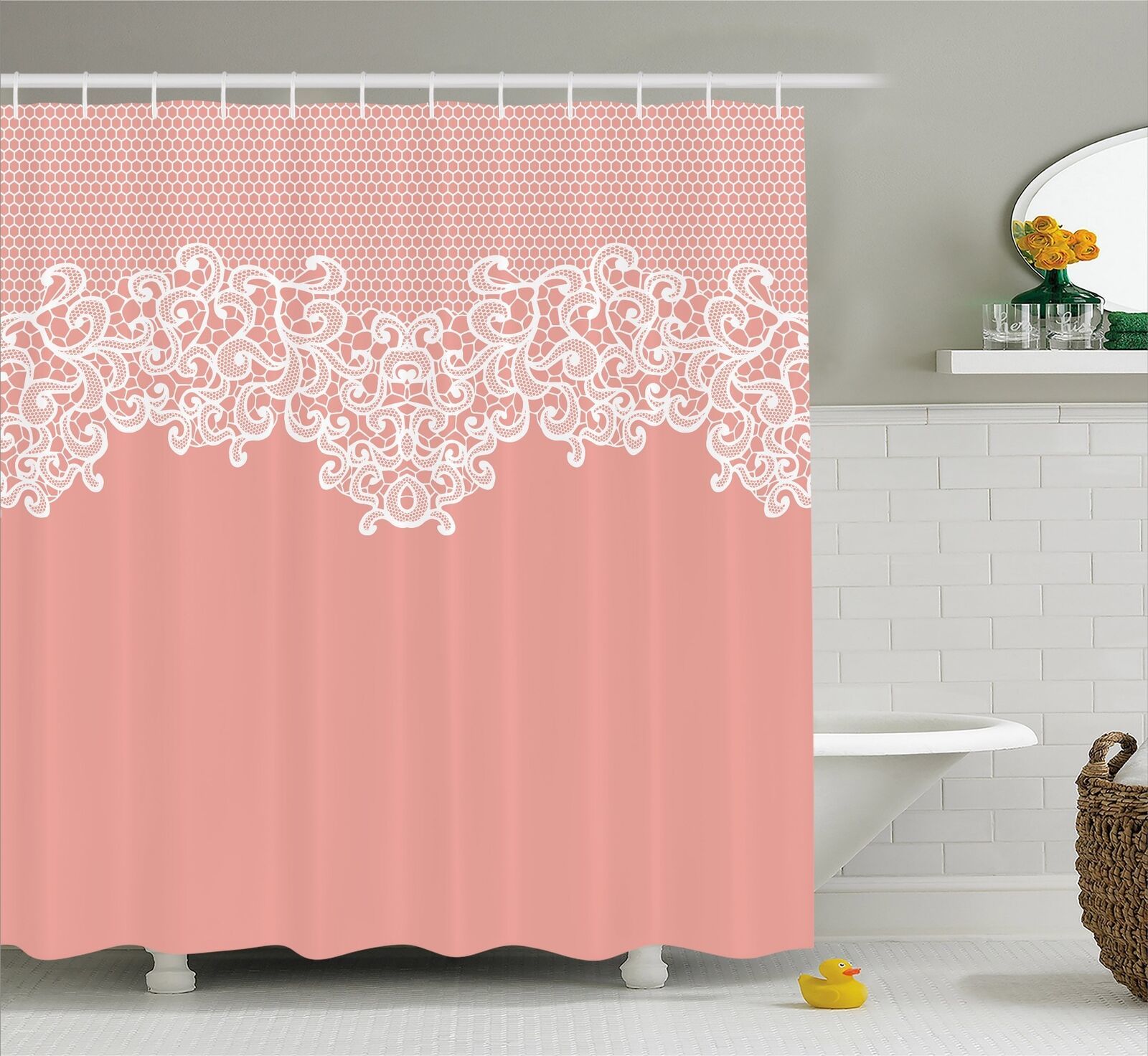 Peach Abstract Lace Fabric Shower Curtain Floral Bridal Wedding Design