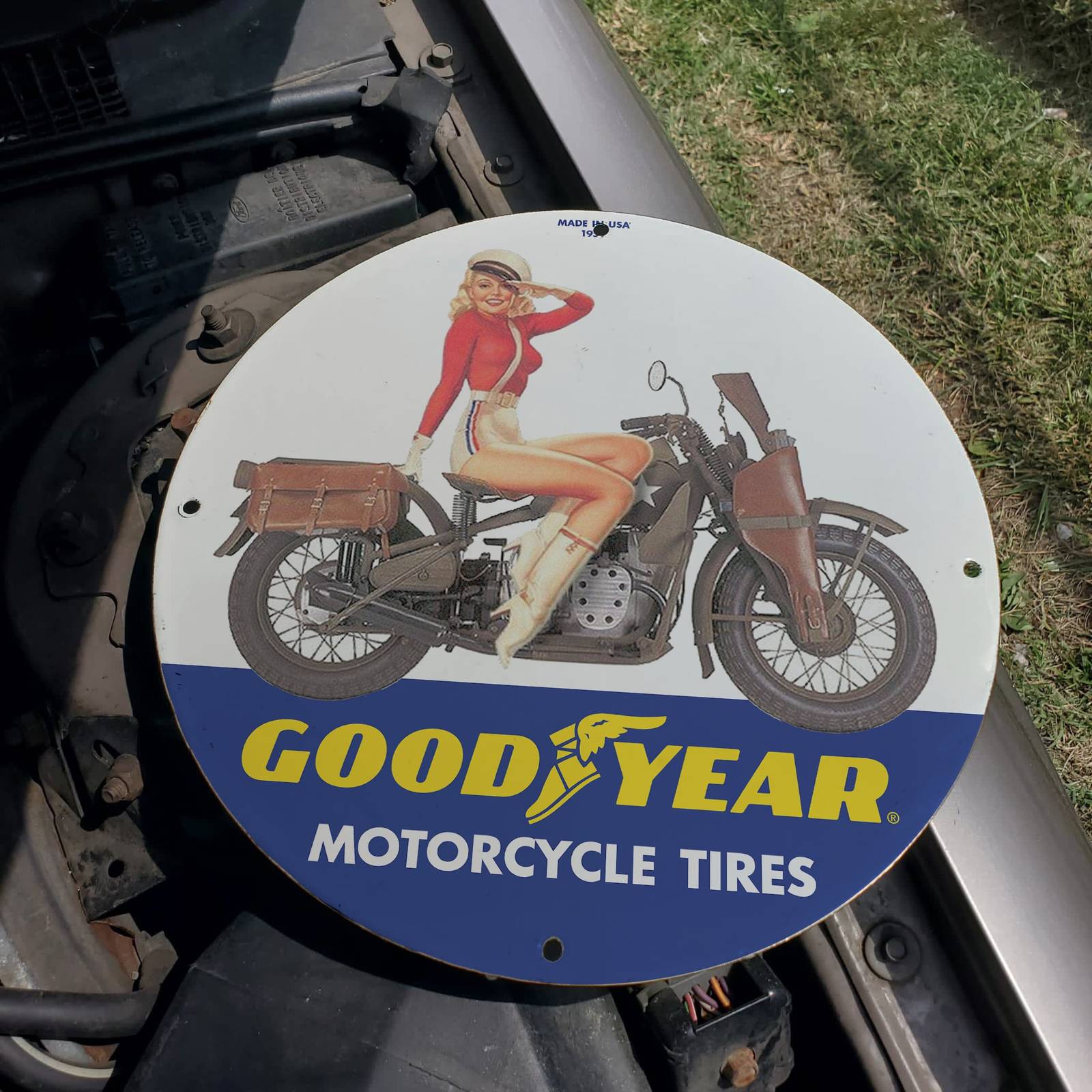 Vintage 1959 Goodyear Motorcycle Tires And Tubes Porcelain Gas & Oil