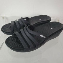 Women Crocs Black Cross Strappy Slip On Wedge Heel Slides Sandal Shoe 6 - $30.91
