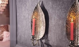Leaf Shaped Wall Sconce Tapered Candle Holder Aluminum 20" High Silver