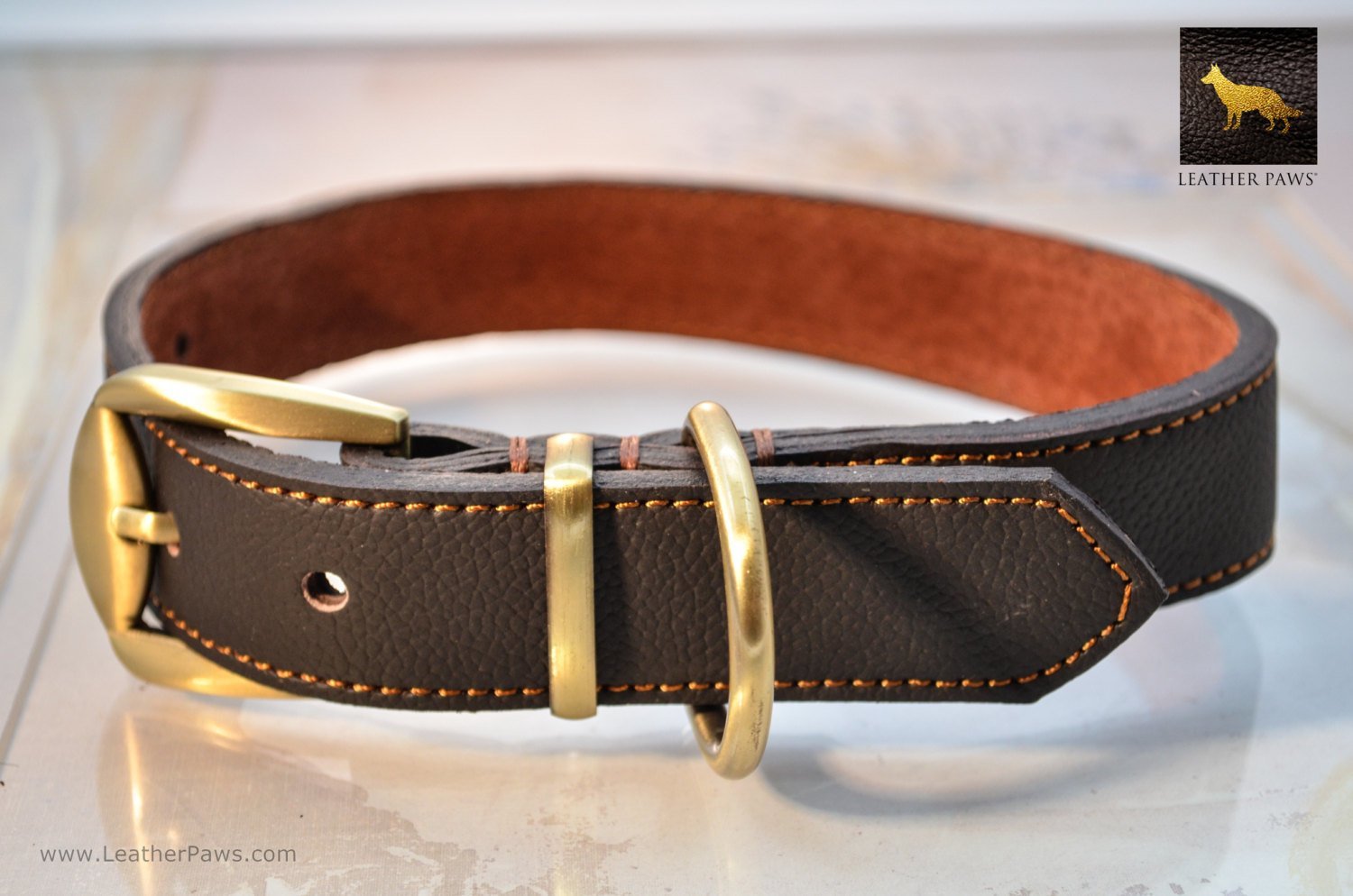 Adjustable Leather Dog Collar Brass Clasp Real Genuine Leather Red or