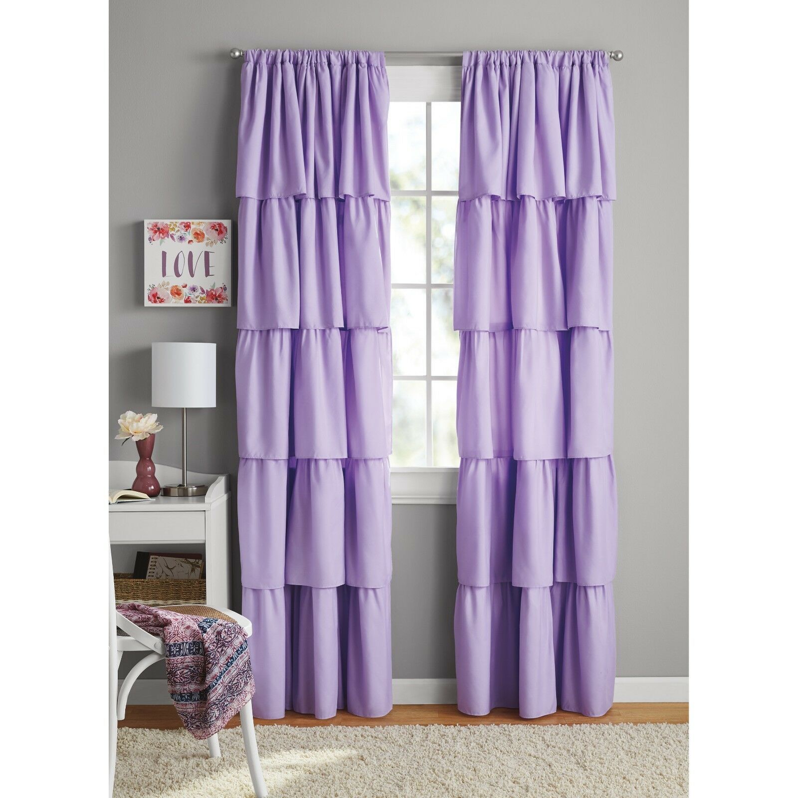 Teen Girls Purple Chic Tiered Ruffled Curtains Drapes Window Panels 84