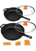 2 PRE SEASONED CAST IRON SKILLET Frying Pan Oven Safe Grill BBQ with Lid... - $39.59