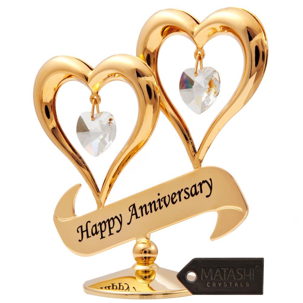 24k Gold Plated Happy Anniversary Heart Ornament Made w/Genuine Matashi Crystals