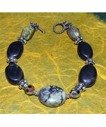 Pretty Bracelet Black Green Serpentine Quartz Gemstones AB Czech Glass B... - $16.80