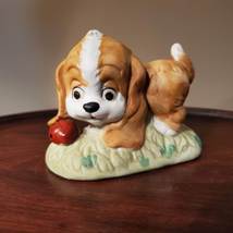 Vintage Dog Figurine, Puppy with Ladybug, Ceramic Fairy Garden Animal Statue