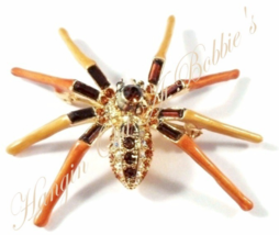 Spider Pin Brooch Gold Brown Crystal Goldtone Metal Autumn Fall Halloween - £14.92 GBP