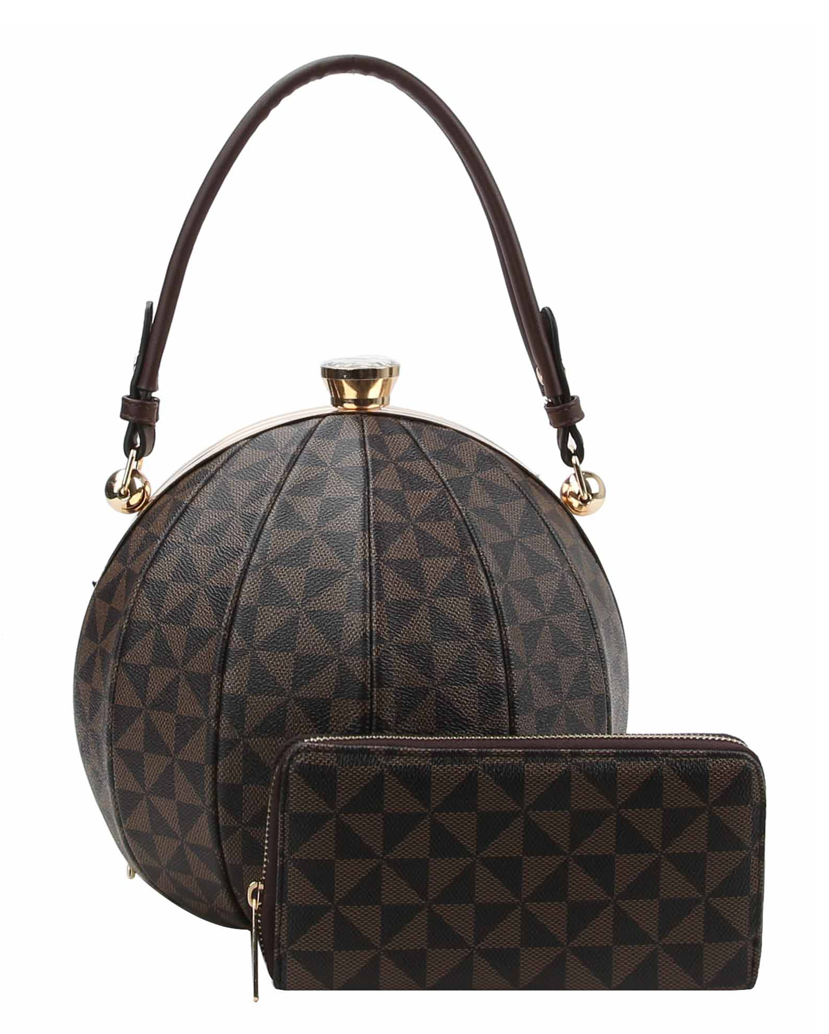 Round Sphere Handbag Triangle Patter Beach Ball Bag Purse + Wallet Set Coffee - Handbags & Purses