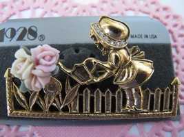 Vintage NEW 1928 Brooch Pin Little Girl with Watering Can Roses Garden o... - $16.99