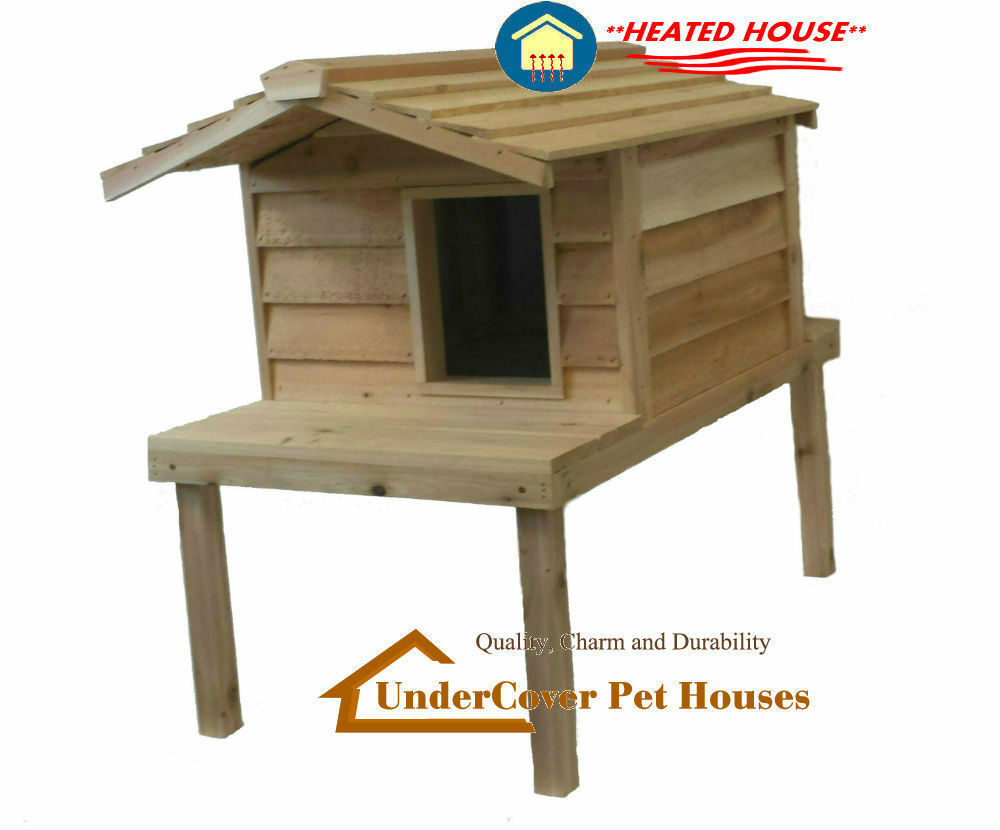 HEATED LARGE INSULATED CEDAR OUTDOOR CAT HOUSE, FERAL SHELTER WITH
