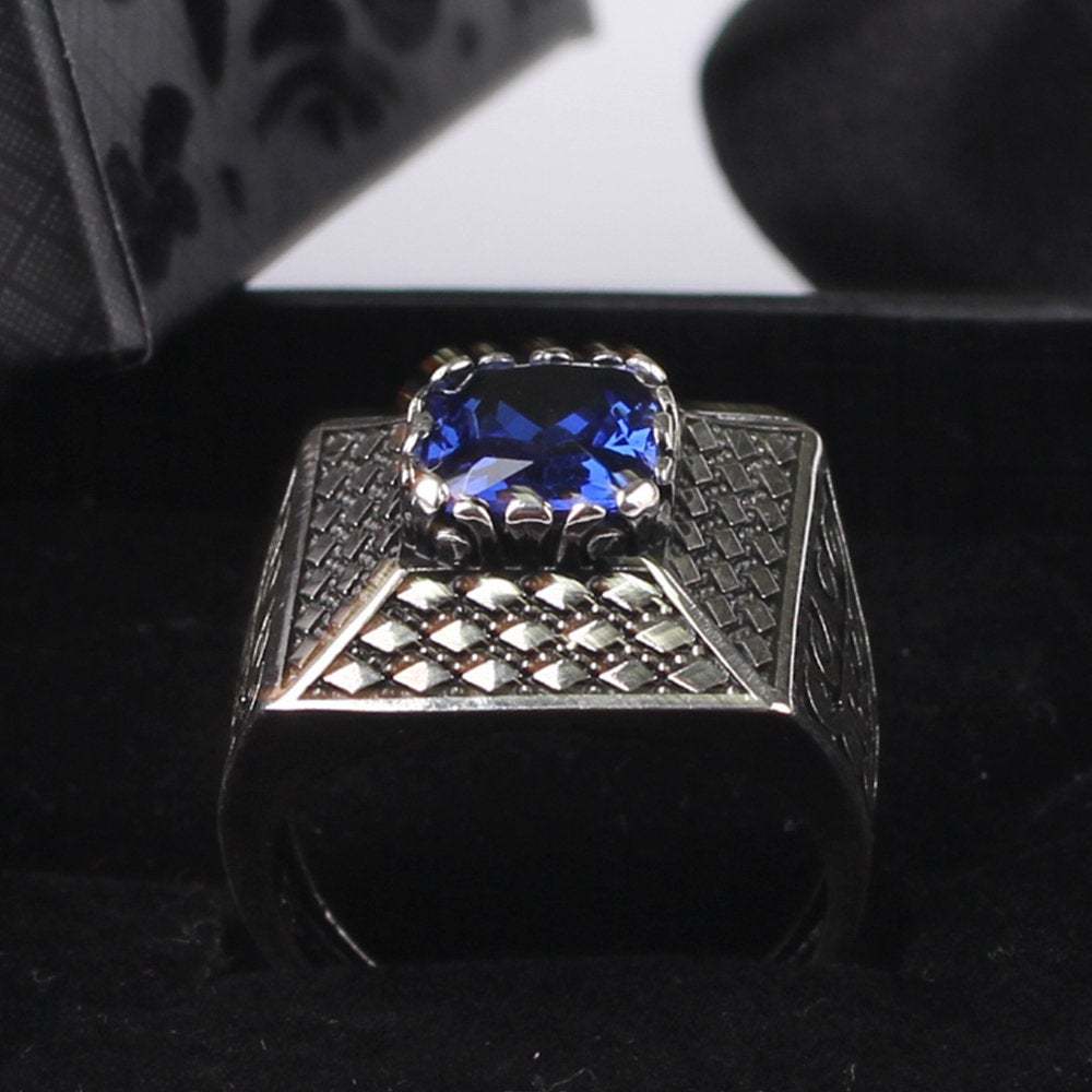 Mens Silver Tanzanite Ring, Handmade Man 925 Silver Rectangular