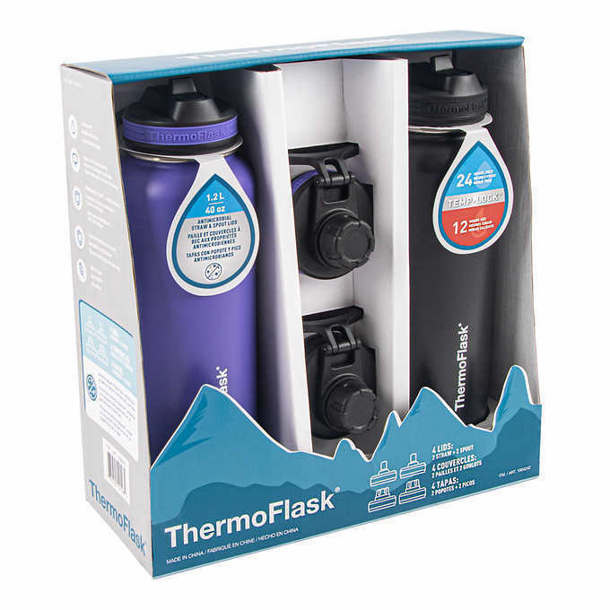 Thermoflask Insulated Water Bottle with Spout Lid, 40oz, 2 Pack - Black