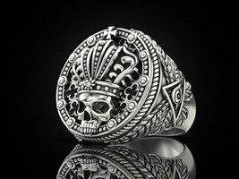 Men&#39;s 925 Sterling Silver King Crown Skeleton Skull Ring 14K White Gold ... - $183.51