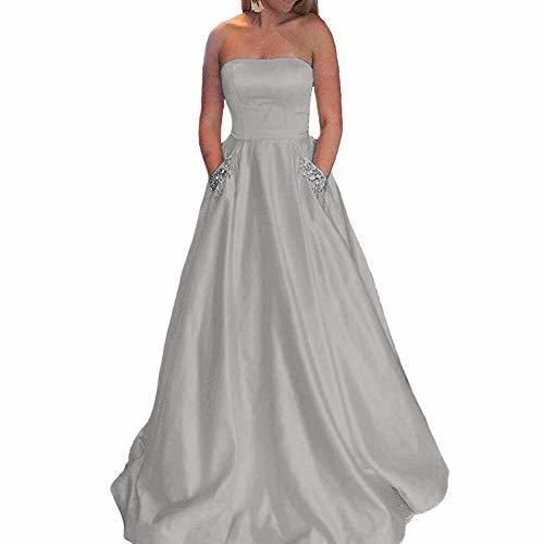 Kivary Plus Size Beaded Pockets Satin Long Formal Prom Dress Evening Gown Silver
