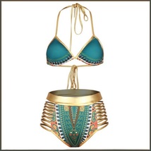 Green Design Pattern Halter Top High Waist Gold Straps Bandage Bikini Swim Suit image 2