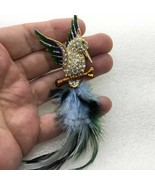 Vintage large feather tail rhinestone crystal pave bird brooch enamel pin - $19.79