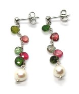 18K WHITE GOLD PENDANT EARRINGS, PEARL, GREEN AND RED DROP TOURMALINE 1.... - $286.45