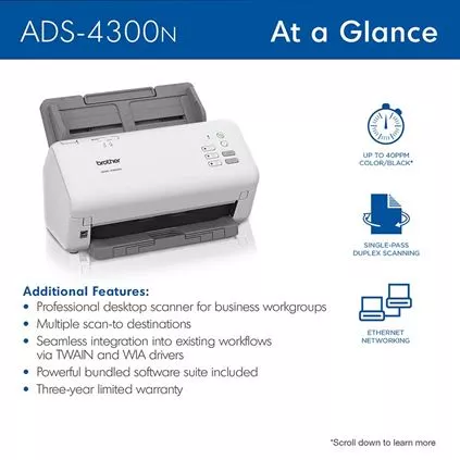 ADS-4300N Brother Pro Scanner Workgroups With High Scan Volumes - $359.99