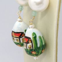 18K YELLOW GOLD EARRINGS AVENTURINE & CERAMIC DROP HOME HAND PAINTED IN ITALY image 3