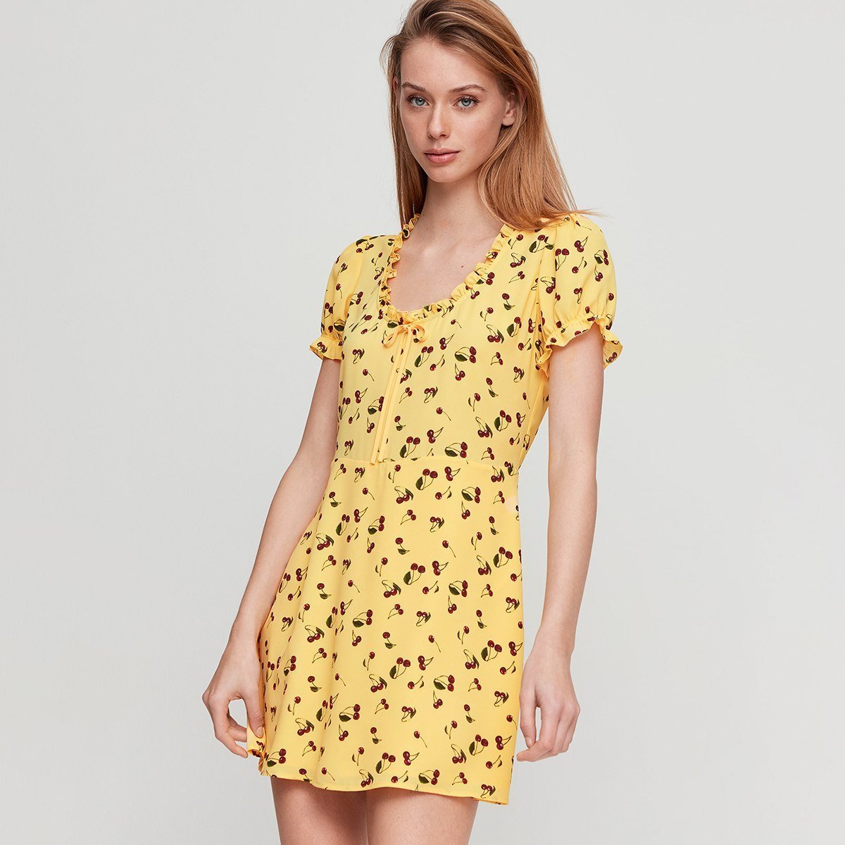 Cherry Print Flare Mini Dress Ruffle Neck Short Sleeve Summer Dresses