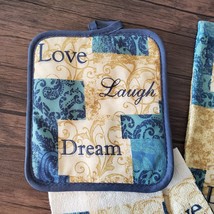 INSPIRATIONS KITCHEN SET 5-pc Towels Cloths Potholder, Love Laugh Dream, Blue image 4