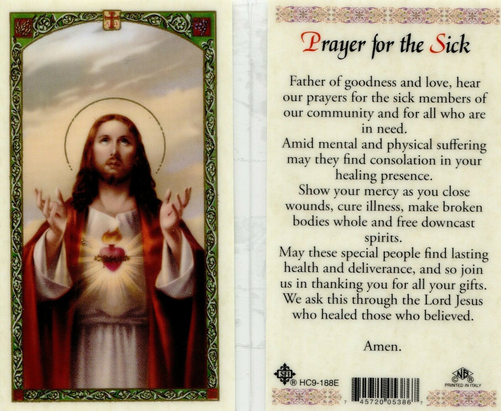 Prayer for the Sick Holy Card - Item EB107 - Father Hear Our Prayers