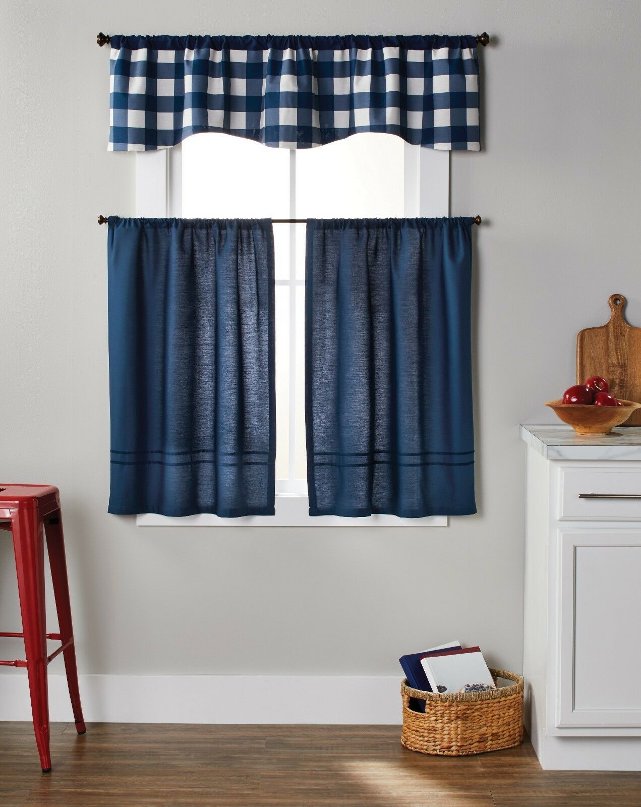 Navy Blue Country Plaid Buffalo Checks 3 Piece Kitchen Curtain Set