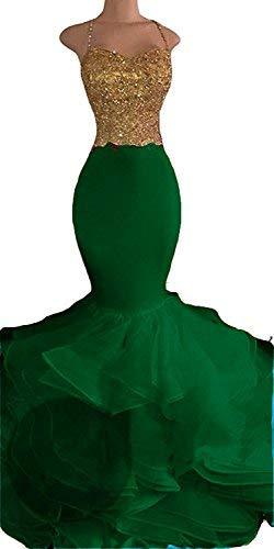 Mermaid Beaded Lace Ruffles Long Formal Prom Dress Gold Emerald Green US 16
