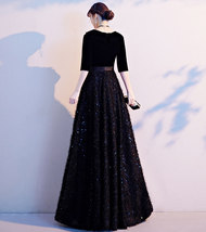 Women Half Sleeve Velvet Maxi Dress High Waist Formal Dress, Black, Plus Size image 15