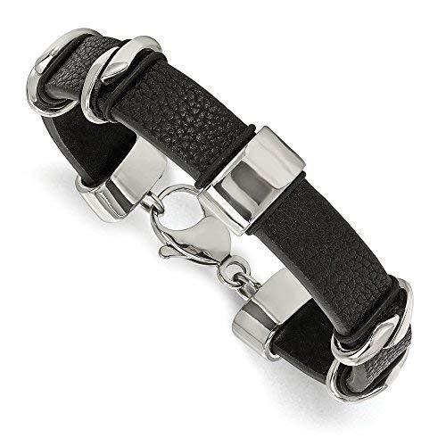 Men's Black Leather Stainless Steel lobster-Clasp Bracelet, 8.5 Inches ...