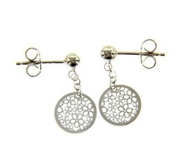 18K WHITE GOLD PENDANT EARRINGS, FLAT DISC WITH FLOWERS, 20mm, MADE IN ITALY image 1