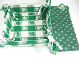 St Patricks Day Green and White Shamrock Tea Towel and Cloth Basket Tied... - $16.03