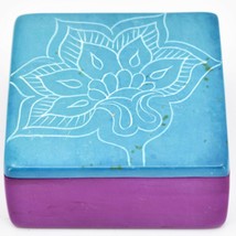 Vaneal Group Hand Carved Kisii Soapstone Blue Fuchsia Floral Flower Trinket Box