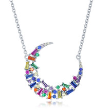 Rainbow baguette cz crescent moon necklace Women&#39;s .925 Silver Necklace - £79.65 GBP