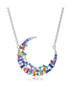Rainbow baguette cz crescent moon necklace Women's .925 Silver Necklace - £79.39 GBP