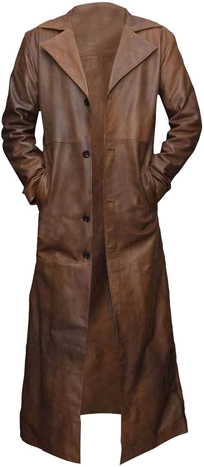 Facon - Mens brown ww2 german classic officer military blazer trench coat leather jacket