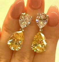 4Ct Pear Cut Yellow Lab Created Drop Dangle Earrings 14K White Gold Finish - $109.38