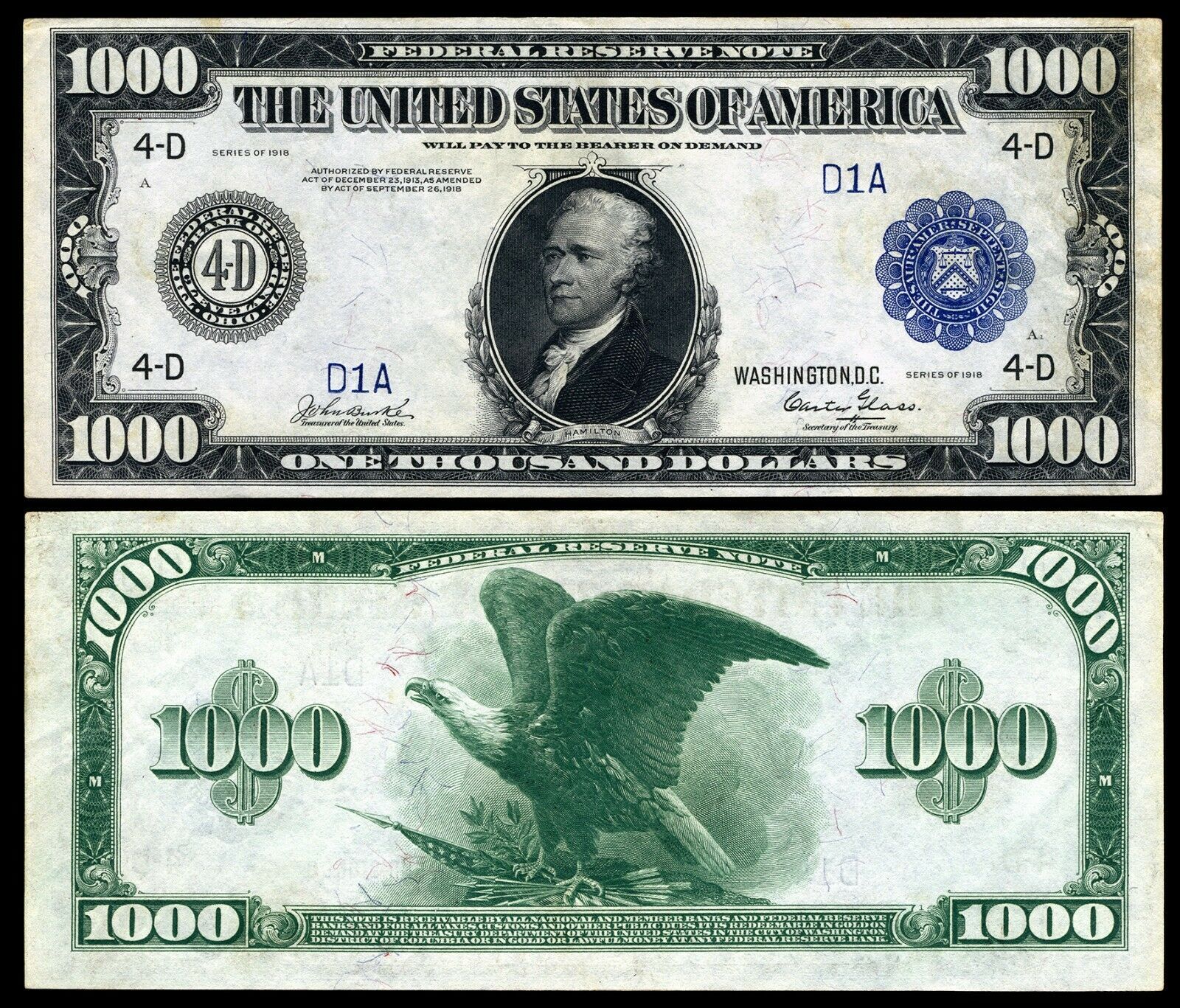 Reproduction US $1000 Dollar Bill, Series 1918 / Large Size Horse
