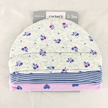 Carters Baby Girls Caps 3 Pack Floral Stripes Hearts Gray Pink Purple 0-3 Months - $4.99