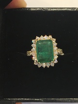 Solid 14K Yellow Gold Emerald Cut Genuine 4 ct Emerald Diamond Accent Ring Sz 7 - £4,394.50 GBP