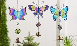  Butterfly Bell Wind Chimes Set of 3Windchime Iron and Painted Glass Music
