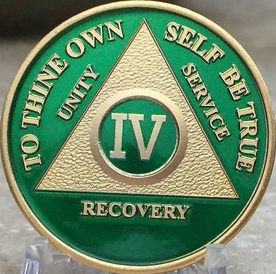 4 Year AA Medallion Green Gold Plated Alcoholics Anonymous Sobriety Chip Coin