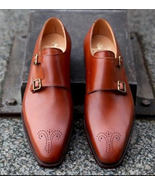 Handmade Men's Stylish Wedding Double Monk Brown Genuine Leather Shoes - $159.00